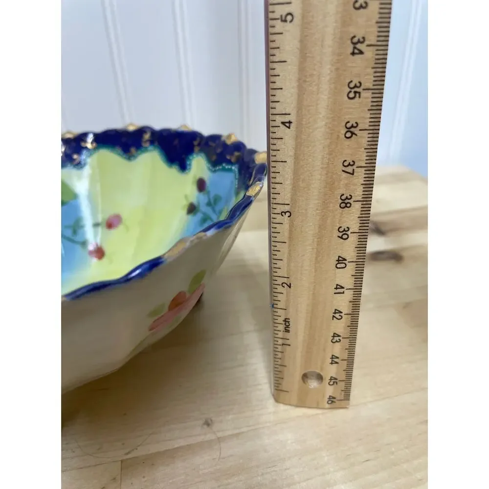 Vintage Hand Painted Floral Footed Bowl Scallop Blue Gold Rim Good Condition
